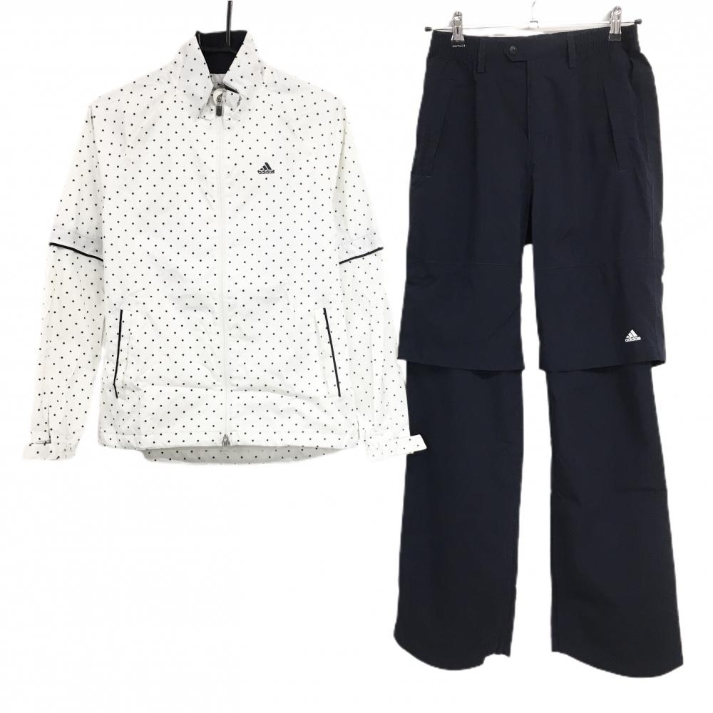 アディダス レインウェア(2WAYジャケット×パンツ) 白×ネイビー ドット 袖着脱可  レディース M/M ゴルフウェア adidas