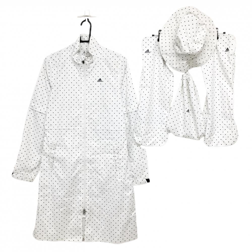 アディダス レインウェア(レインワンピース×レッグカバー×ハット) 白×ネイビー ドット   レディース L/G ゴルフウェア adidas
