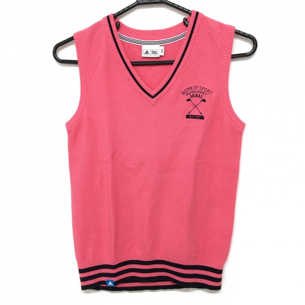 【美品】アディダス ニットベスト ピンク×ネイビー Vネック 裾ボーダー レディース M/M ゴルフウェア adidas