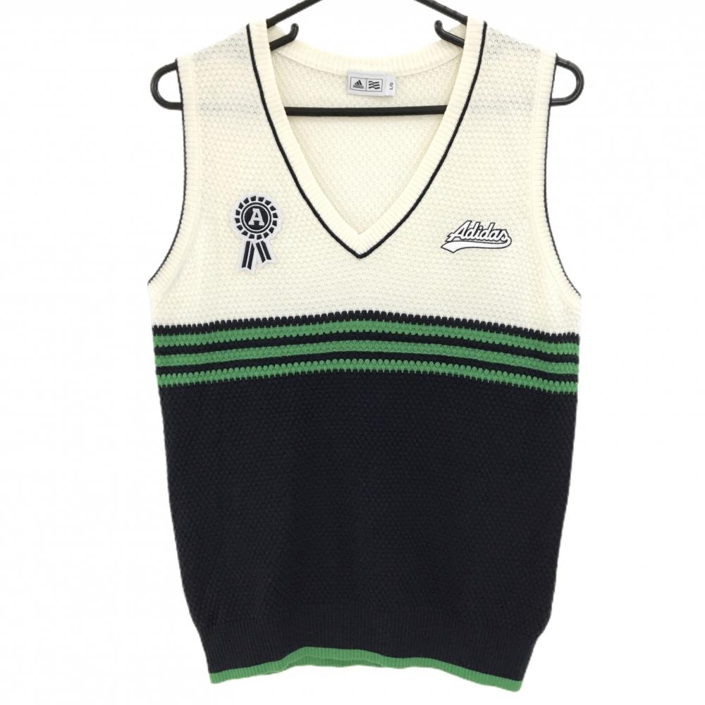 【超美品】アディダス ニットベスト 白×ネイビー 胸元3ライン ウール混 レディース L/G ゴルフウェア adidas