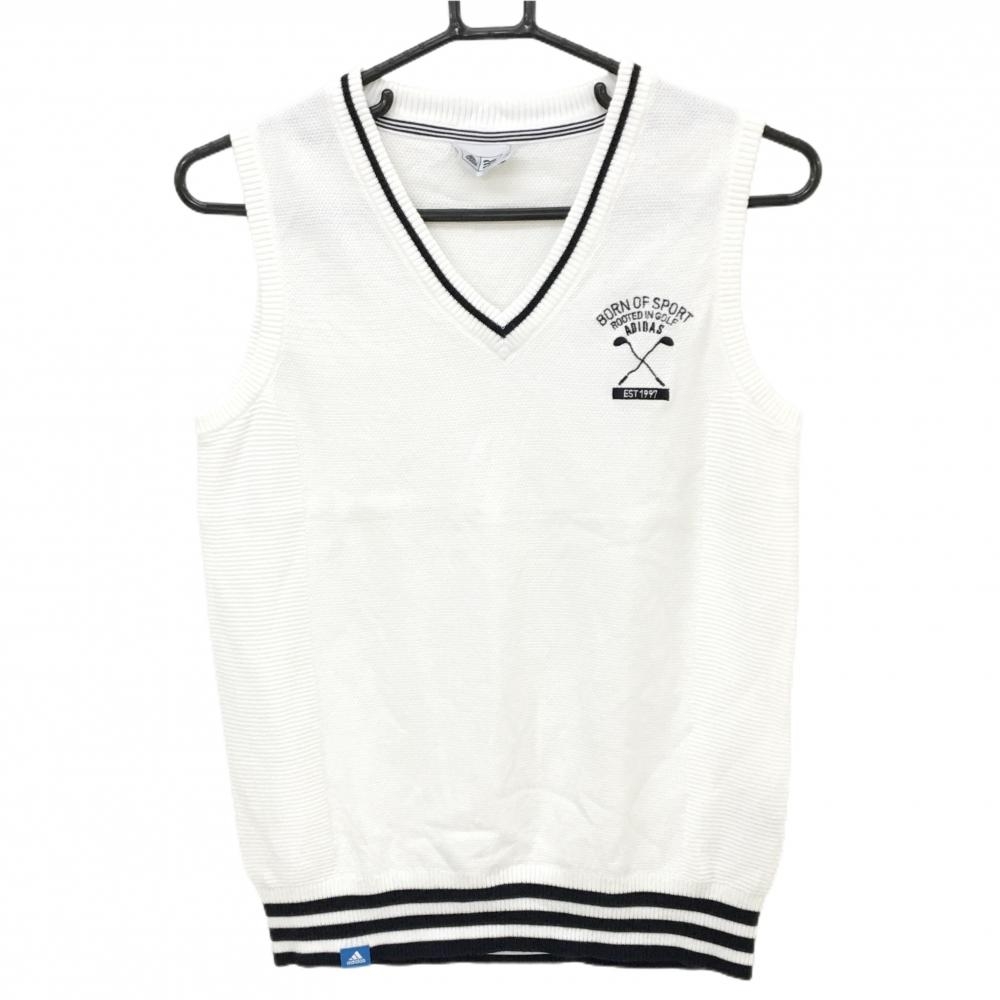 アディダス ニットベスト 白×ダークネイビー 胸元刺しゅう Vネック コットン100％ レディース L/G ゴルフウェア adidas