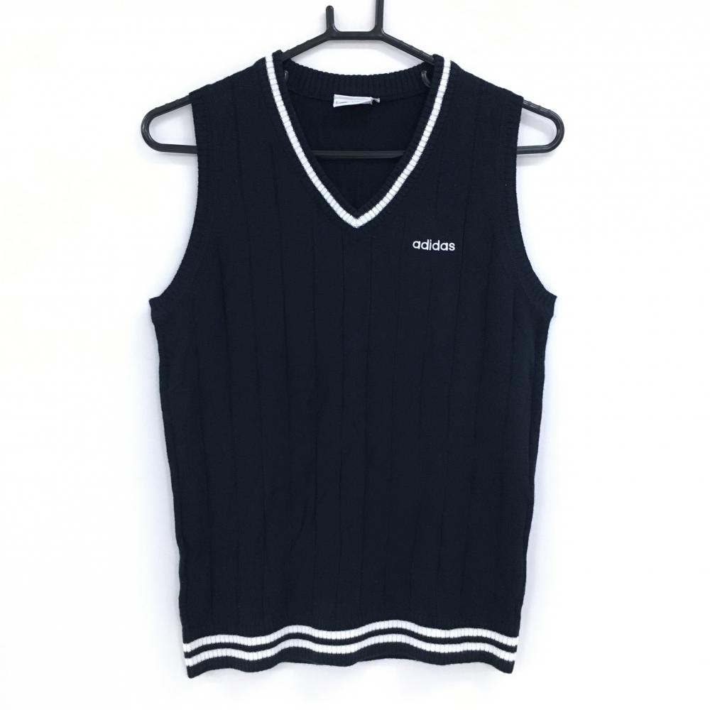 【美品】アディダス ニットベスト 黒 前ストライプ織生地 ロゴ白 レディース M/M ゴルフウェア adidas