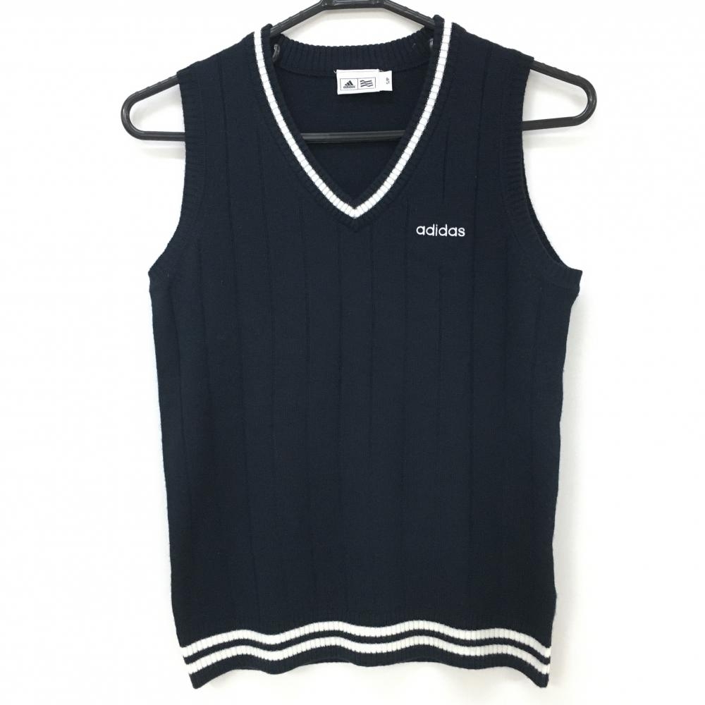 【超美品】アディダス ニットベスト ネイビー×白 前面ストライプ Vネック レディース S/P ゴルフウェア adidas
