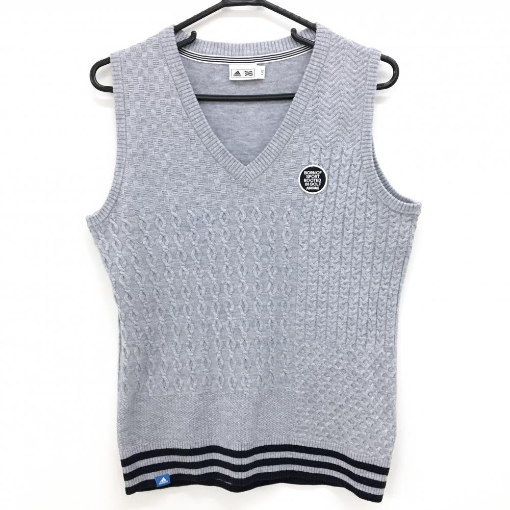 【超美品】アディダス ニットベスト 杢グレー 一部ケーブル編み ウール混 裾ライン レディース L/G ゴルフウェア adidas
