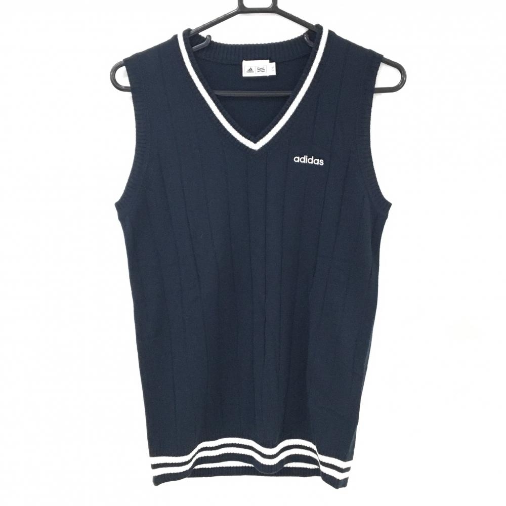 【超美品】アディダス ニットベスト ネイビー×白 Vネック 裾ライン レディース L/G ゴルフウェア adidas