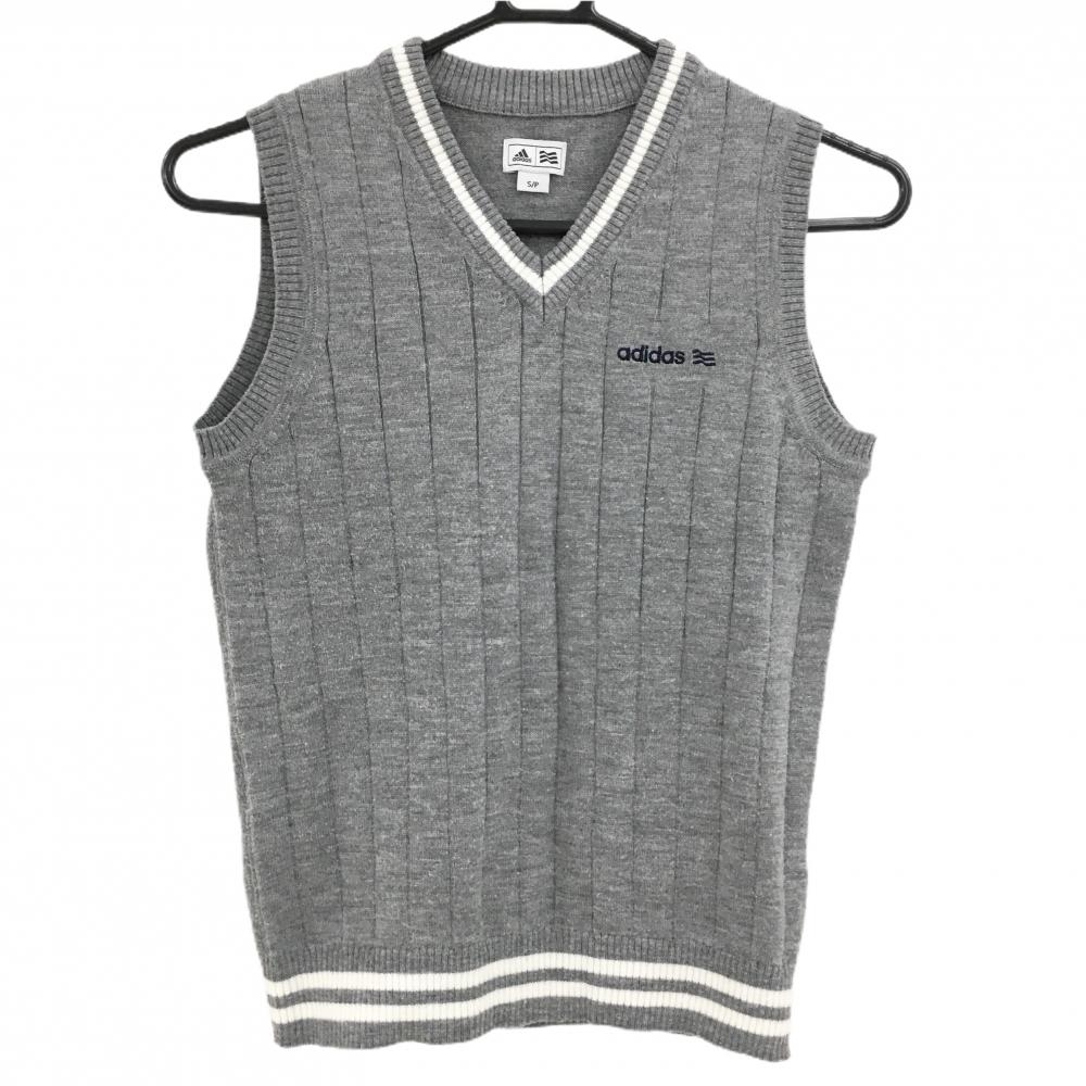 アディダス ニットベスト グレー×白 Vネック ネック・裾ライン レディース S/P ゴルフウェア adidas