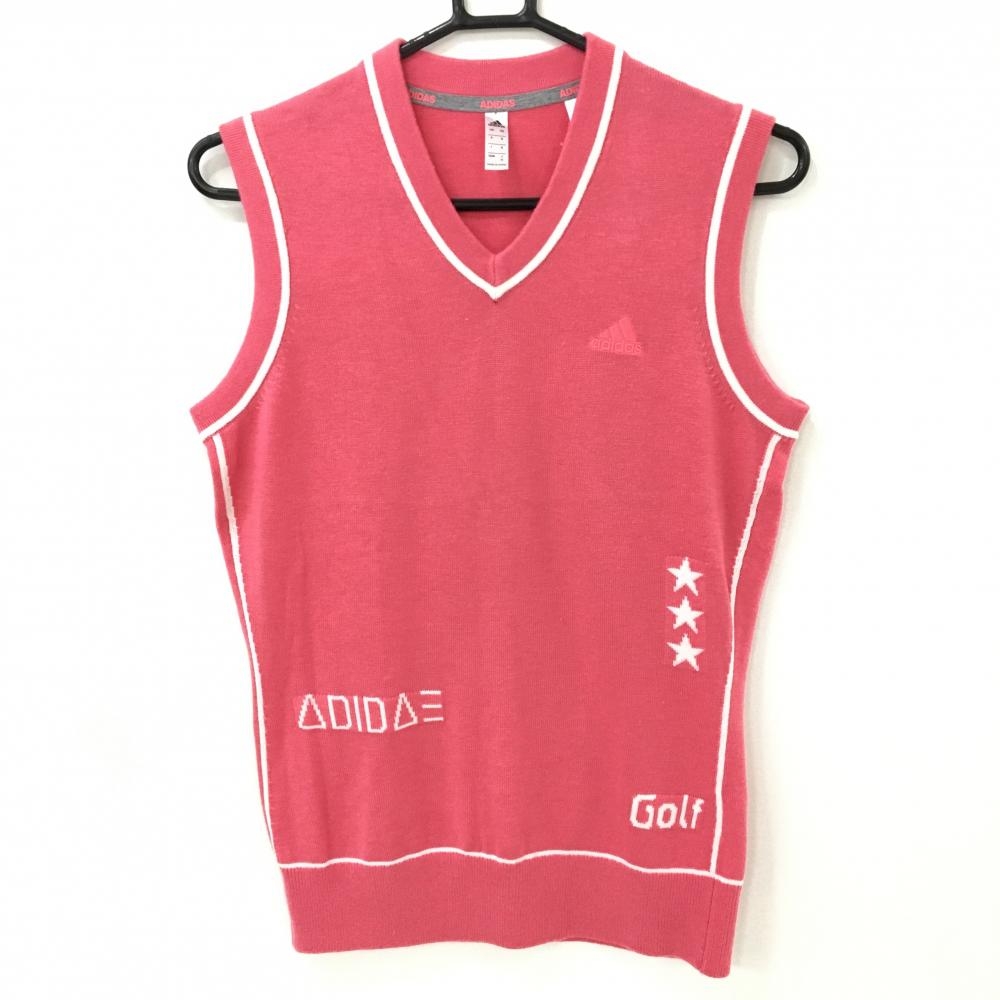 【超美品】アディダス ニットベスト ピンク×白 Vネック ロゴ刺しゅう レディース M ゴルフウェア adidas