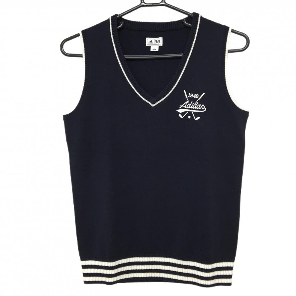 【美品】アディダス ニットベスト ネイビー×白 ロゴ刺しゅう Vネック レディース M ゴルフウェア adidas