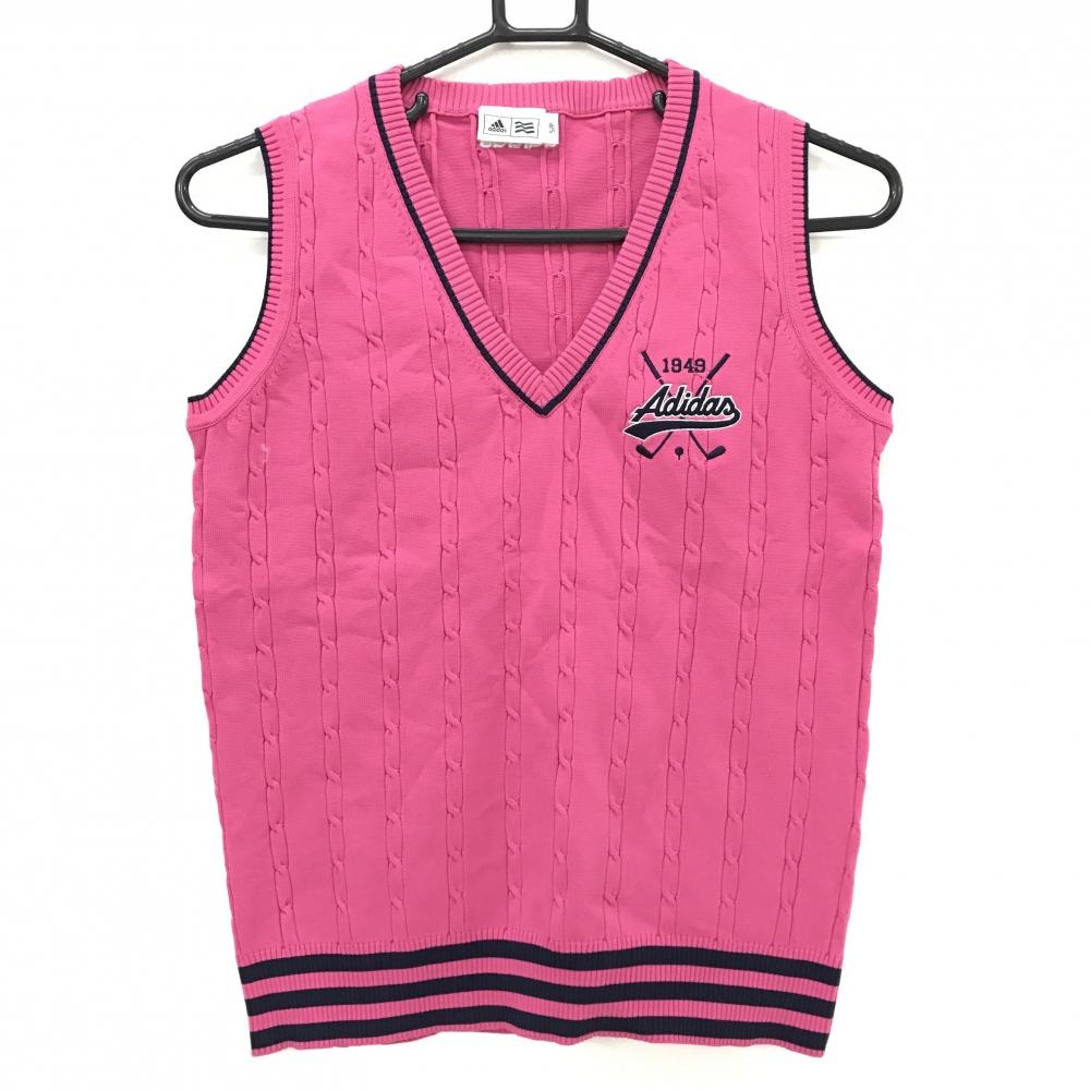 【美品】アディダス ニットベスト ピンク×ダークネイビー Vネック 裾3ライン  レディース S/P ゴルフウェア adidas