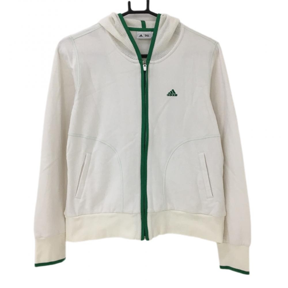 【美品】アディダス ジップパーカー 白×グリーン 裏起毛 フードニット レディース M/M ゴルフウェア adidas