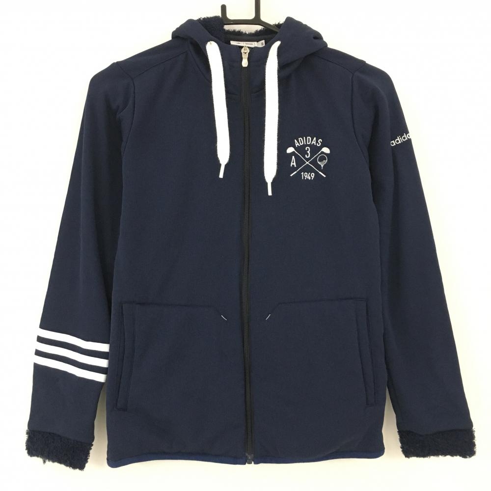 【美品】アディダス ジップパーカー ネイビー 裏地・袖口ボア 袖3ライン  レディース M/M ゴルフウェア adidas