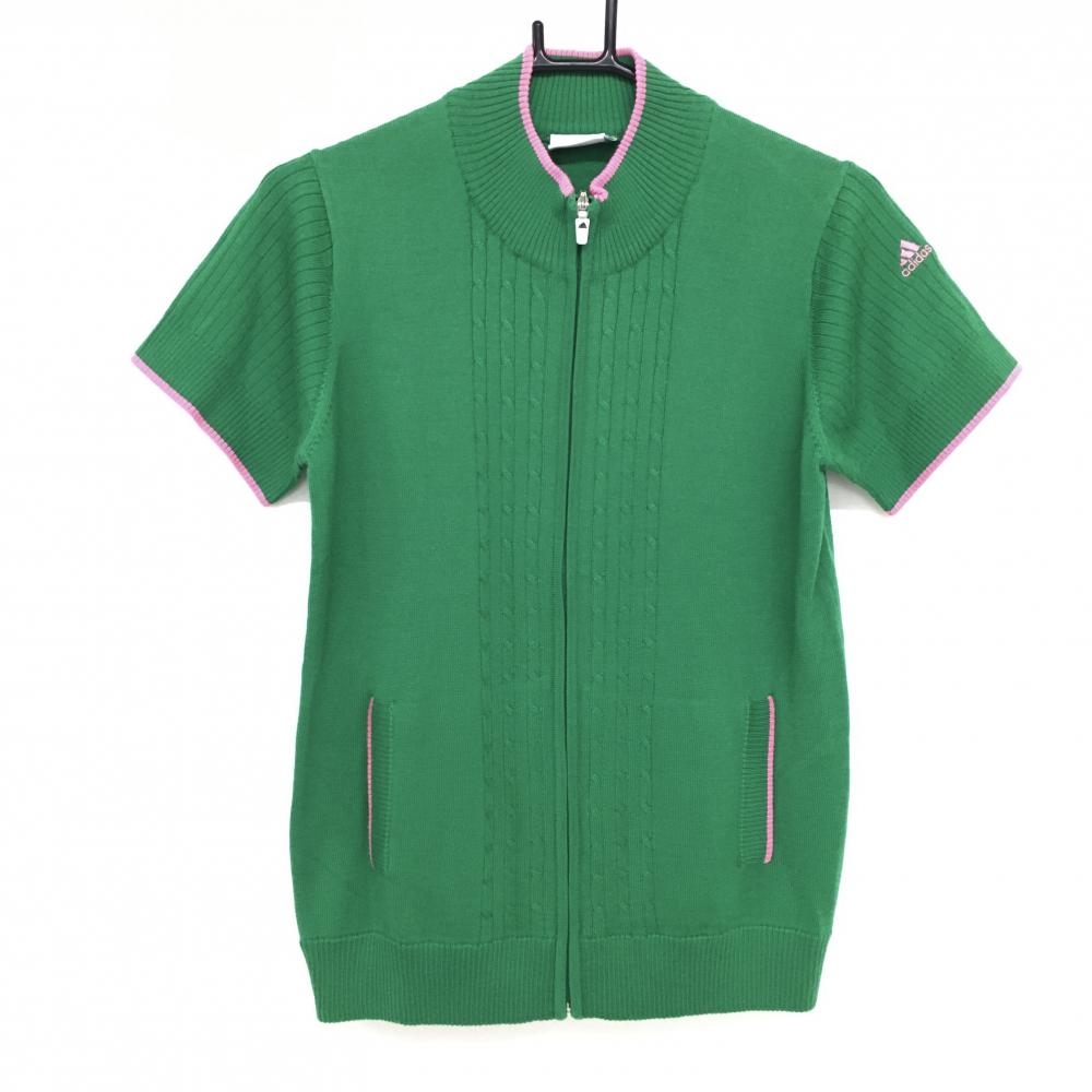 【美品】アディダス 半袖ハイネックニットジャケット グリーン×ピンク 袖ロゴ刺しゅう ウール混  レディース L/G ゴルフウェア adidas 画像