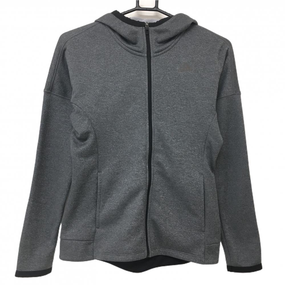 アディダス ジップパーカー グレー×黒 ロゴプリント 裏起毛  レディース M ゴルフウェア adidas