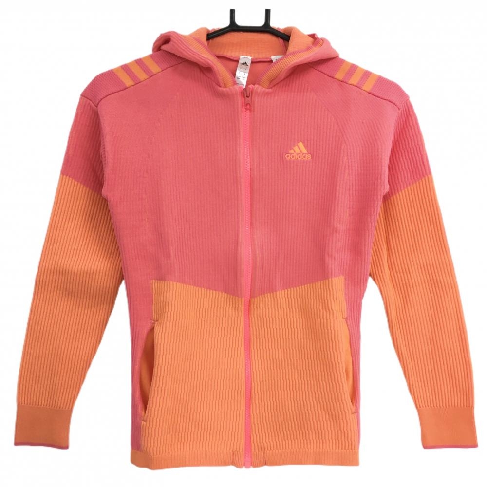 【超美品】アディダス ニットジップパーカー ピンク×オレンジ リブニット 肩3ライン レディース S ゴルフウェア adidas