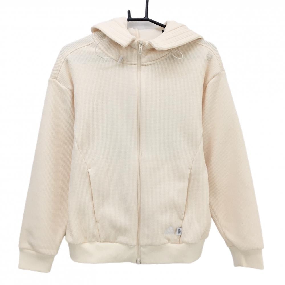 【超美品】アディダス ニットジップパーカー アイボリー フードドローコード ロゴ刺しゅう 裏起毛 レディース S ゴルフウェア adidas
