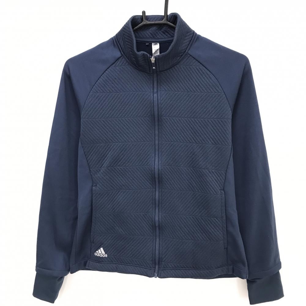 【美品】アディダス ジャケット ネイビー 前身頃凹凸生地 サムホール付 裏起毛 レディース L ゴルフウェア adidas