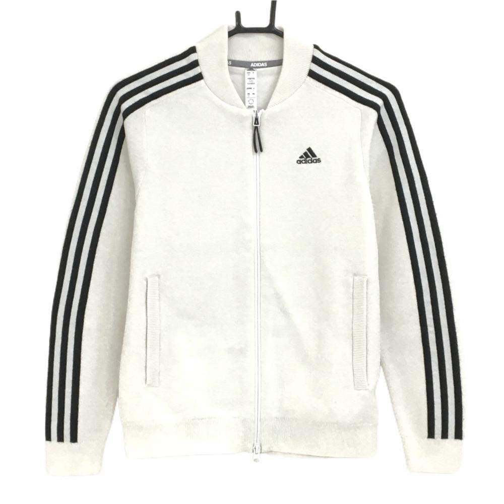 アディダス ニットジャケット 白×黒 肩3ライン 裏地付き ロゴ刺しゅう ウール混 レディース L ゴルフウェア adidas
