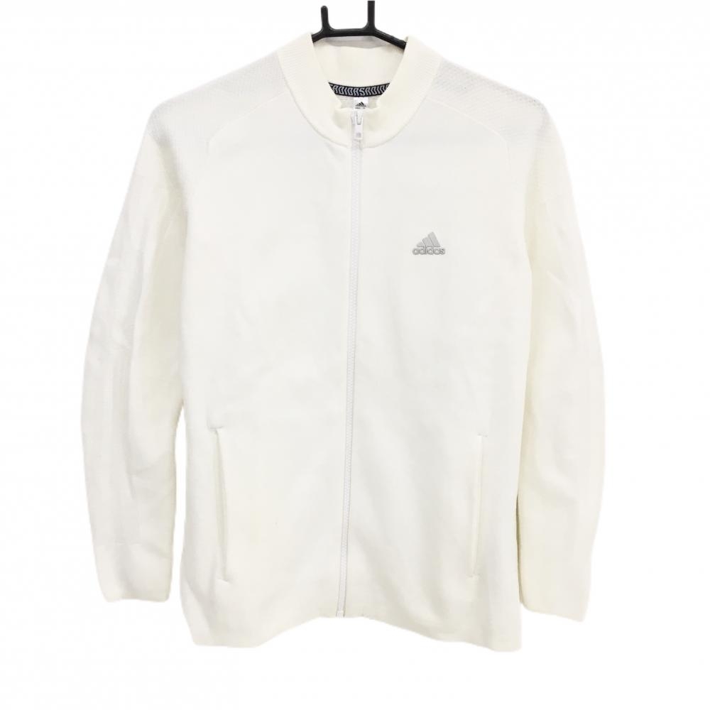 【美品】アディダス ニットジャケット 白 胸元ロゴ ナイロン100％ レディース L ゴルフウェア adidas