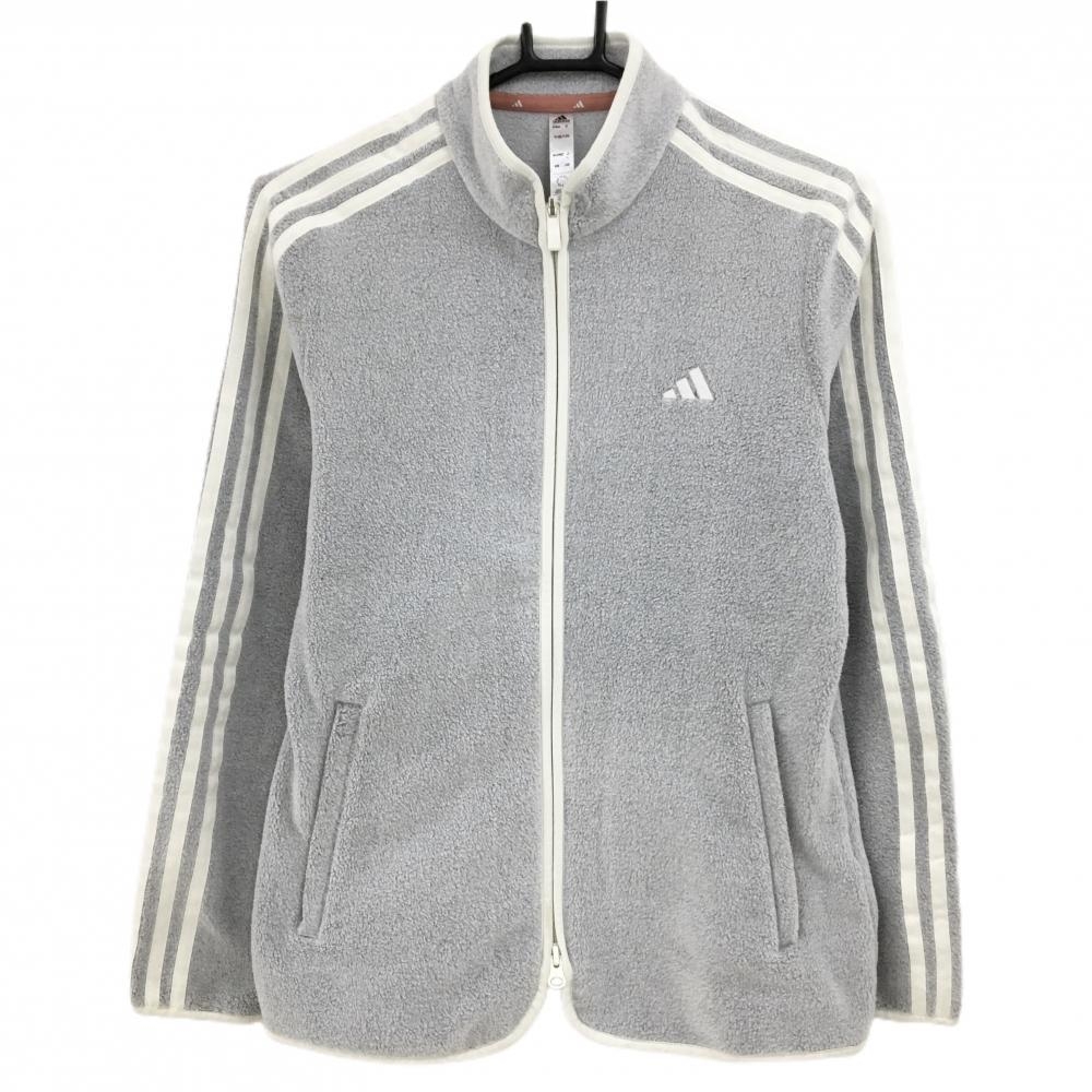 【美品】アディダス ジャケット グレー×白 袖3ライン フリース  レディース XL ゴルフウェア adidas