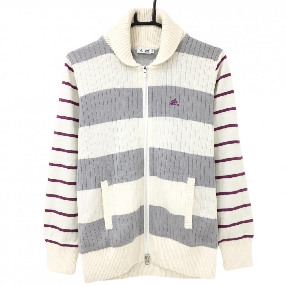 【超美品】アディダス ニットジャケット アイボリー×グレー×パープル ボーダー風 蓄熱裏地 レディース M/M ゴルフウェア adidas