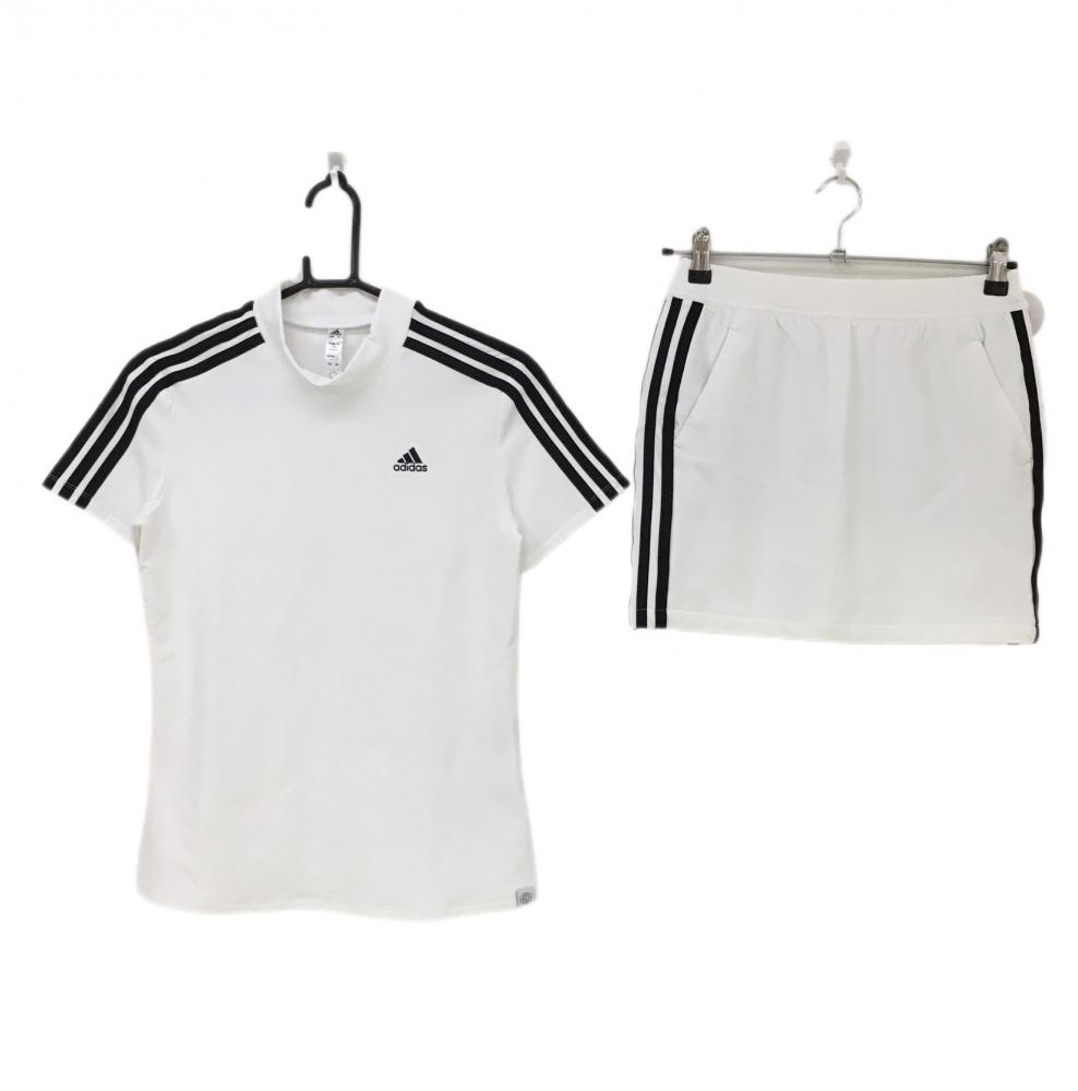 【超美品】アディダス 上下セット（半袖ハイネックシャツ×スカート） 白×黒 3ライン 内側インナパンツ レディース M ゴルフウェア adidas
