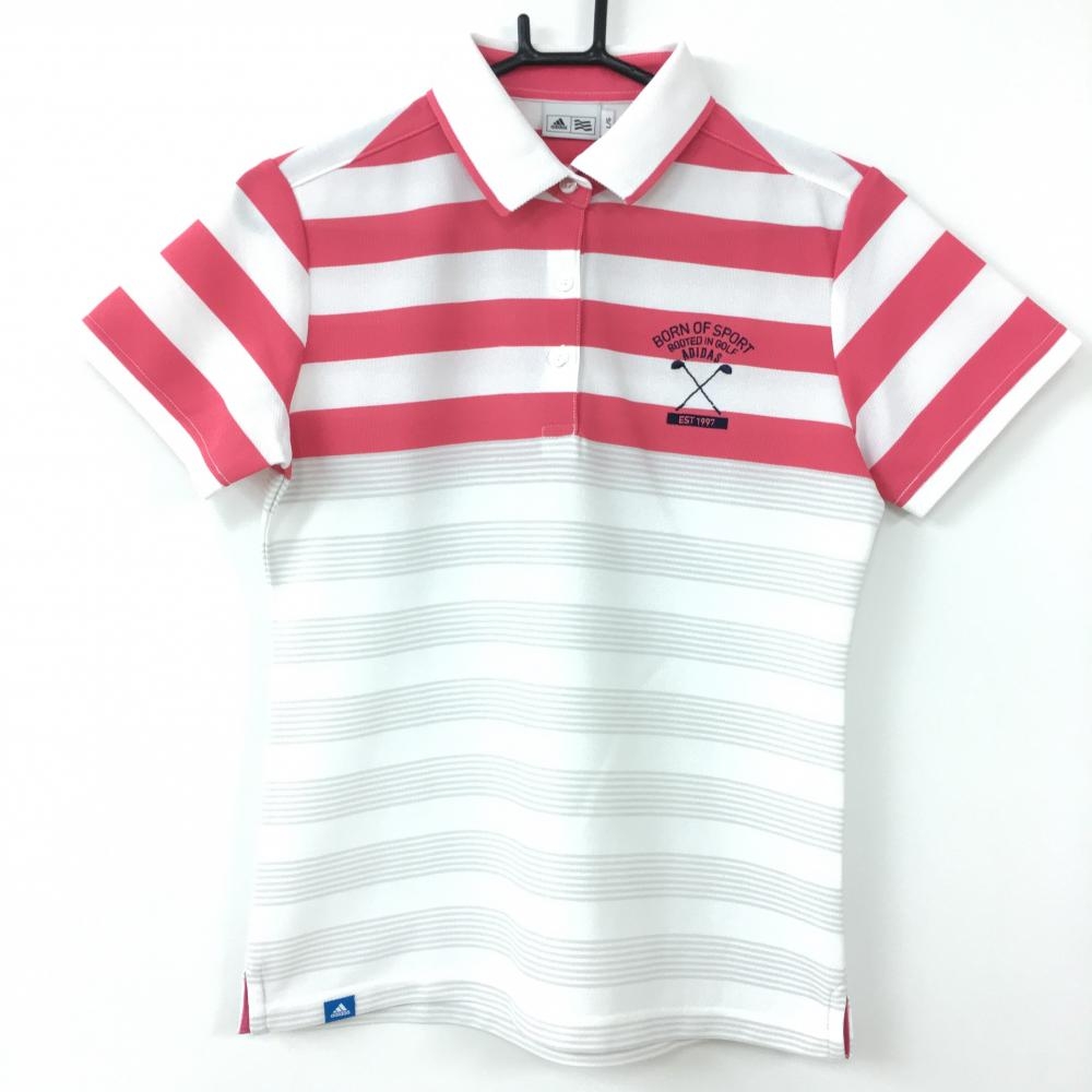 【超美品】adidas アディダス 半袖ポロシャツ 白×ピンク ボーダー柄 襟裏ロゴ レディース L/G ゴルフウェア