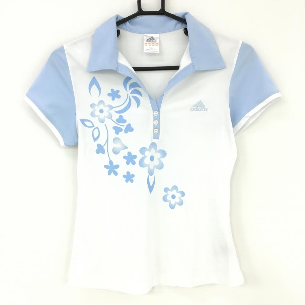 【美品】アディダス 半袖スキッパーシャツ 白×ライトブルー  レディース M ゴルフウェア adidas