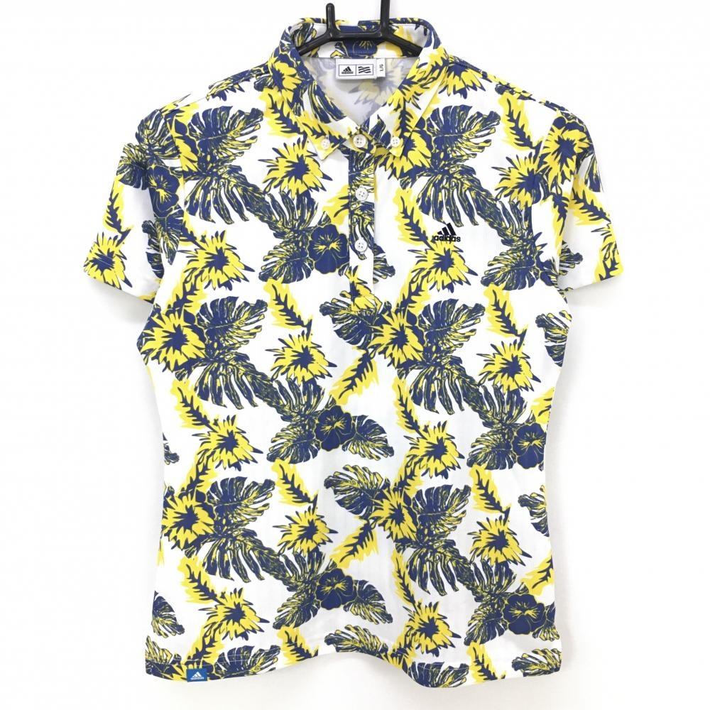 【超美品】アディダス 半袖ポロシャツ 白×イエロー×ネイビー 花柄 ボタンダウン レディース L/G ゴルフウェア adidas