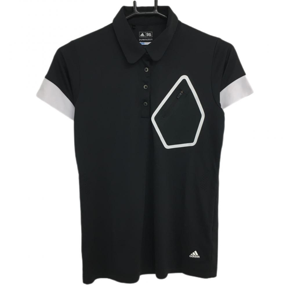 アディダス 半袖ポロシャツ 黒×白 胸ポケット レディース M/M ゴルフウェア adidas 画像