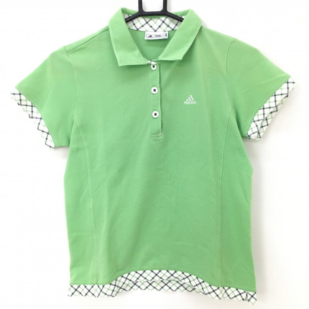 【美品】アディダス 半袖ポロシャツ ライトグリーン×白 一部チェック柄 レディース M/M ゴルフウェア adidas
