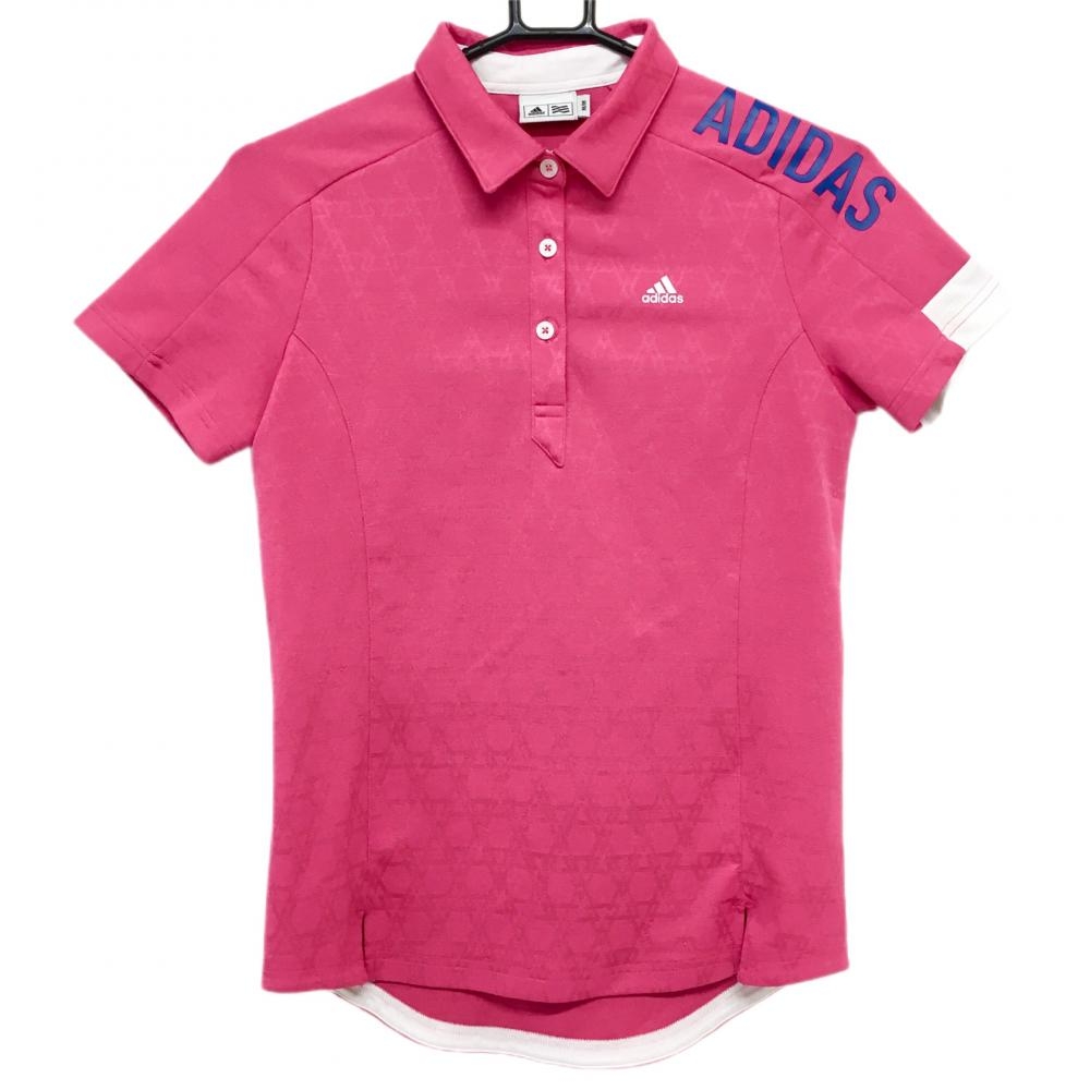 アディダス 半袖ポロシャツ ピンク×白 織生地総柄 ロゴプリント レディース M/M ゴルフウェア adidas