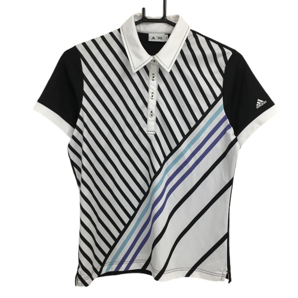 【超美品】アディダス 半袖ポロシャツ 白×黒 斜めストライプ  レディース L/G ゴルフウェア adidas 画像