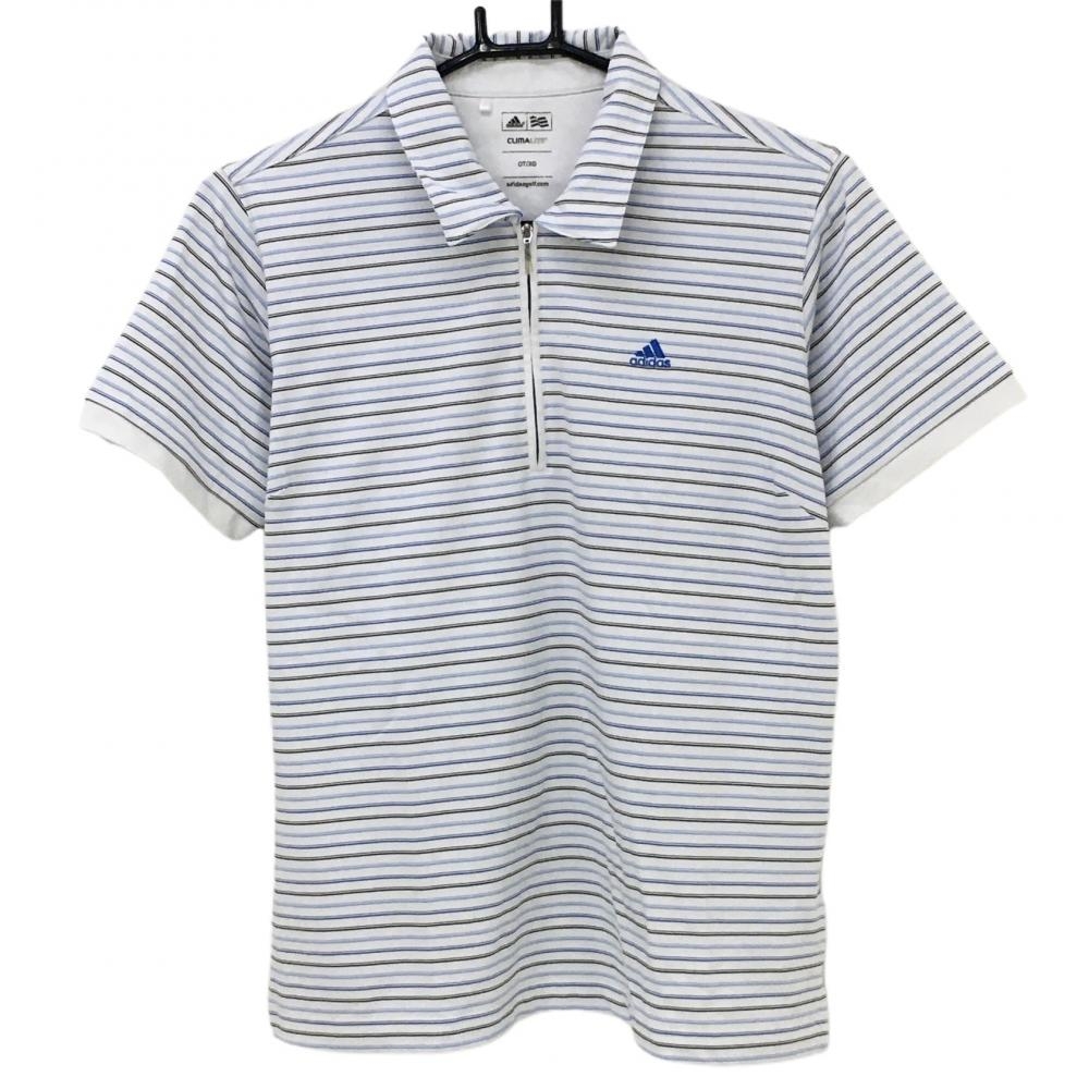【美品】アディダス 半袖ポロシャツ ブルー×白 ボーダー ハーフジップ レディース OT/XG ゴルフウェア adidas