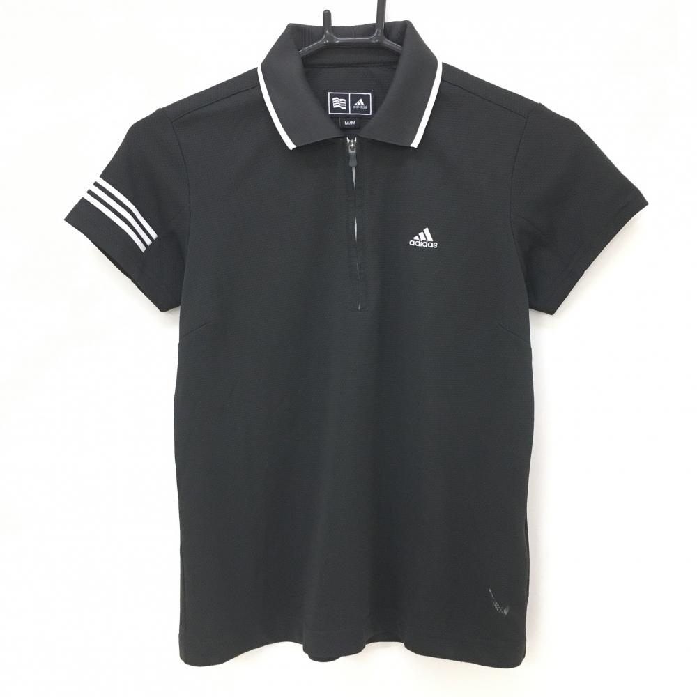 アディダス 半袖ポロシャツ 黒×白 織生地 ハーフジップ ロゴ刺しゅう  レディース M/M ゴルフウェア adidas