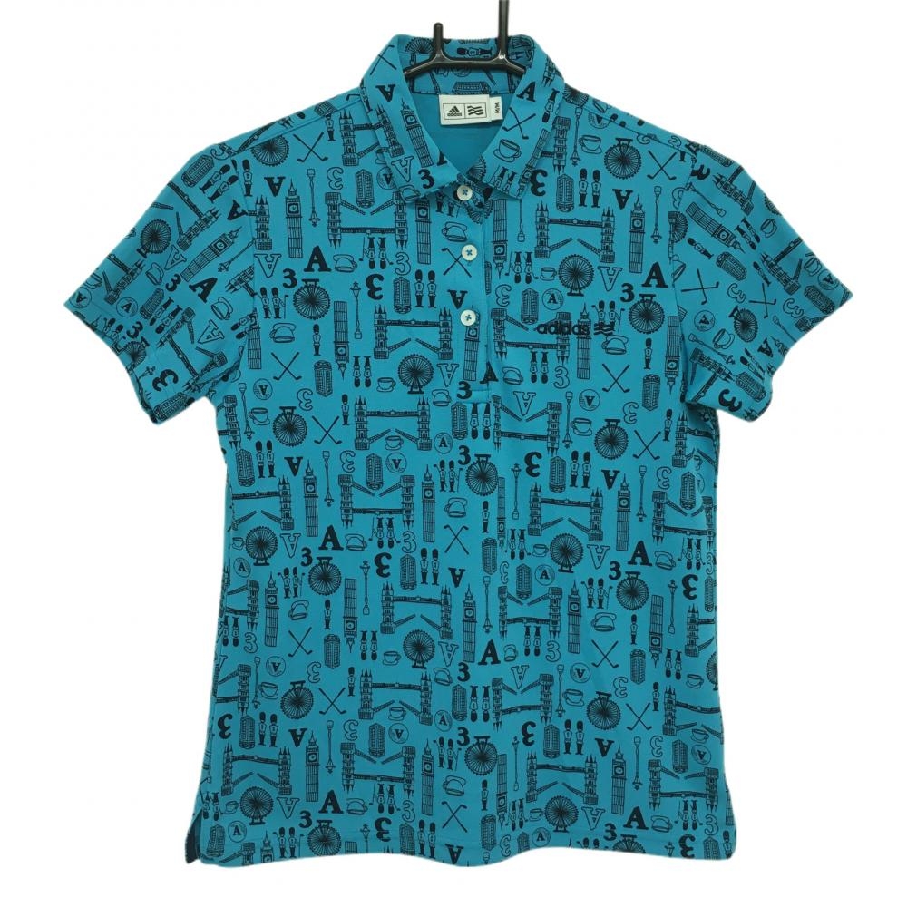 【美品】アディダス 半袖ポロシャツ ライトブルー×黒 総柄  レディース M/M ゴルフウェア adidas