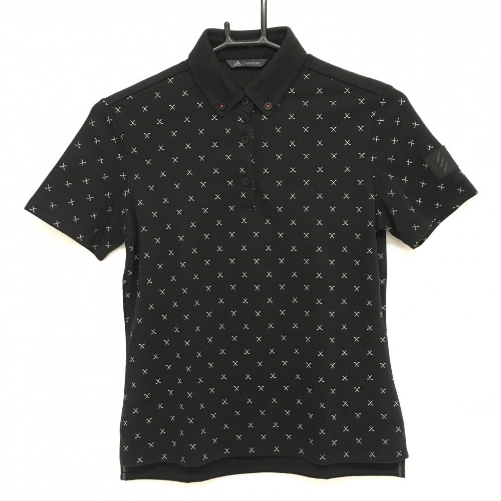 アディダス 半袖ポロシャツ 黒×白 ゴルフクラブ総柄 ボタンダウン  レディース S ゴルフウェア adidas