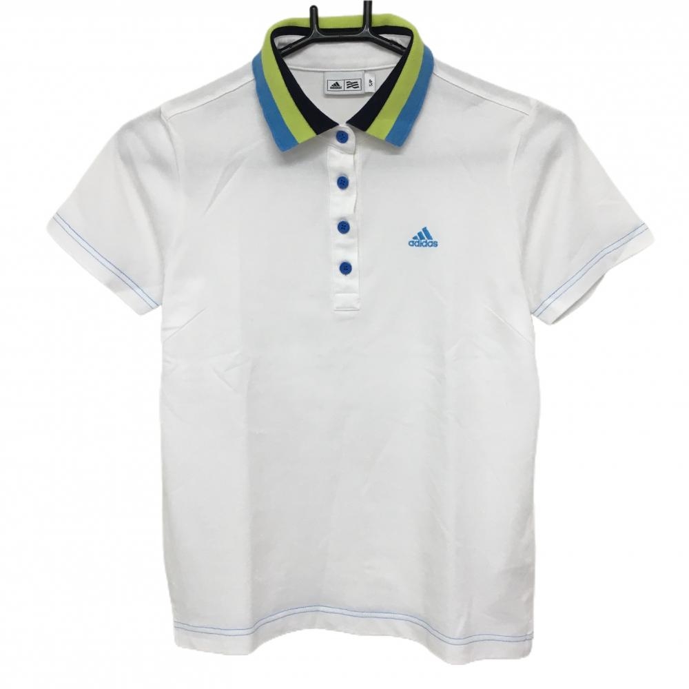 【美品】アディダス 半袖ポロシャツ 白×ライトブルー ロゴ刺しゅう ステッチ レディース S/P ゴルフウェア adidas