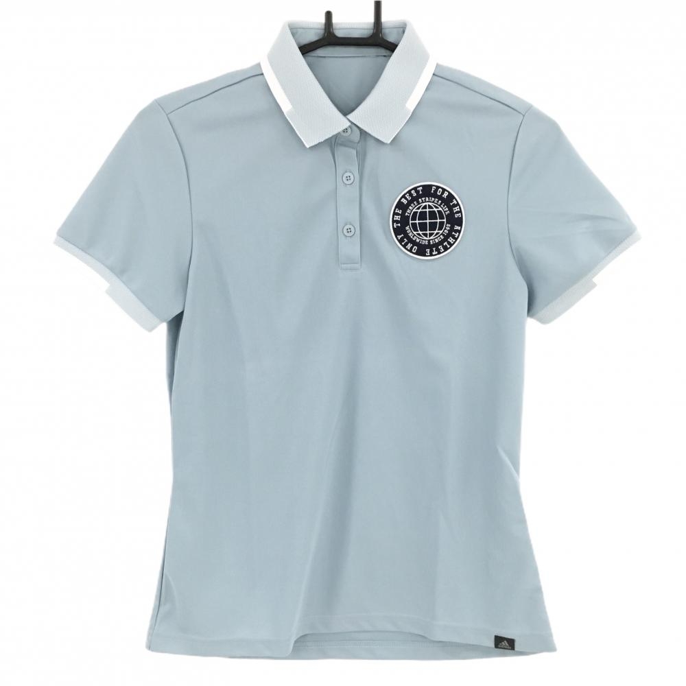 【美品】アディダス 半袖ポロシャツ ライトブルー×白 胸ワッペン レディース  ゴルフウェア adidas
