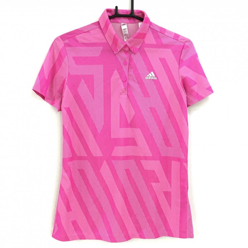 【美品】アディダス 半袖ポロシャツ ピンク×白 総柄 胸ロゴプリント レディース OT ゴルフウェア adidas