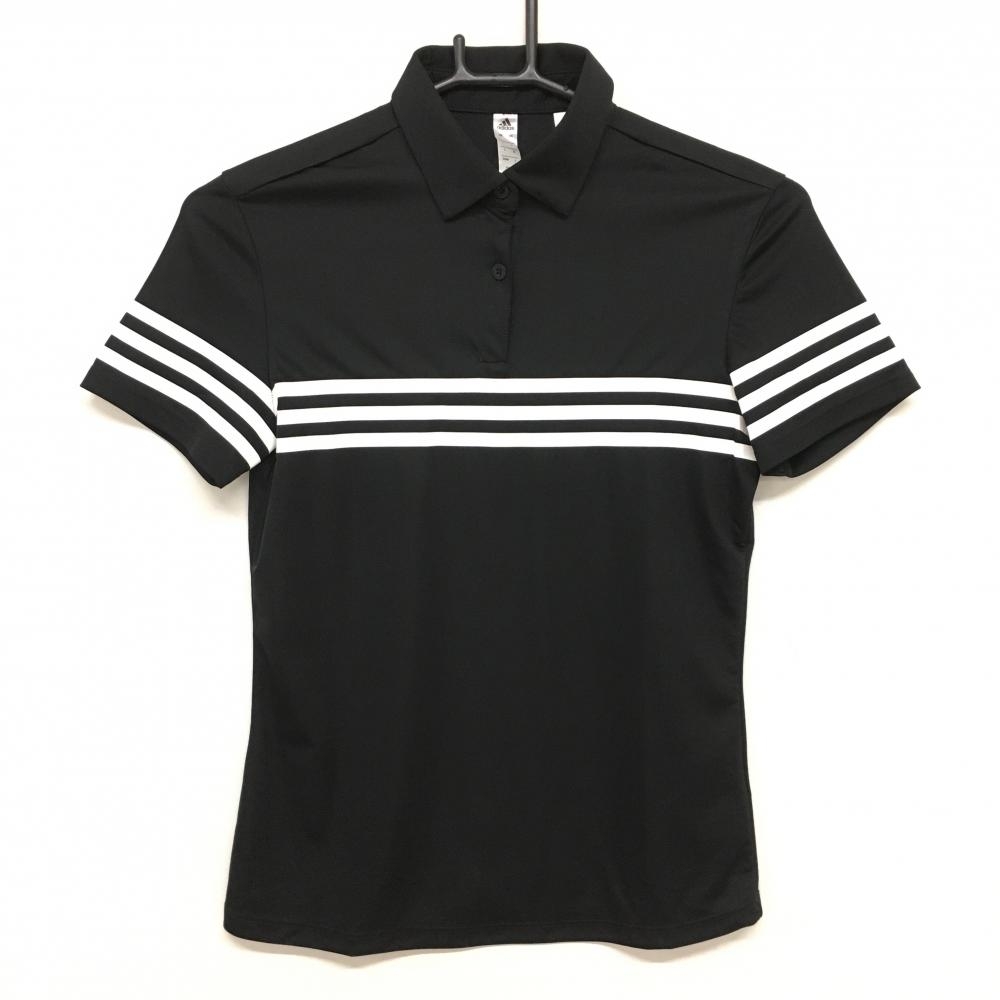 アディダス 半袖ポロシャツ 黒×白 胸・袖3ライン ボタンダウン  レディース S ゴルフウェア adidas