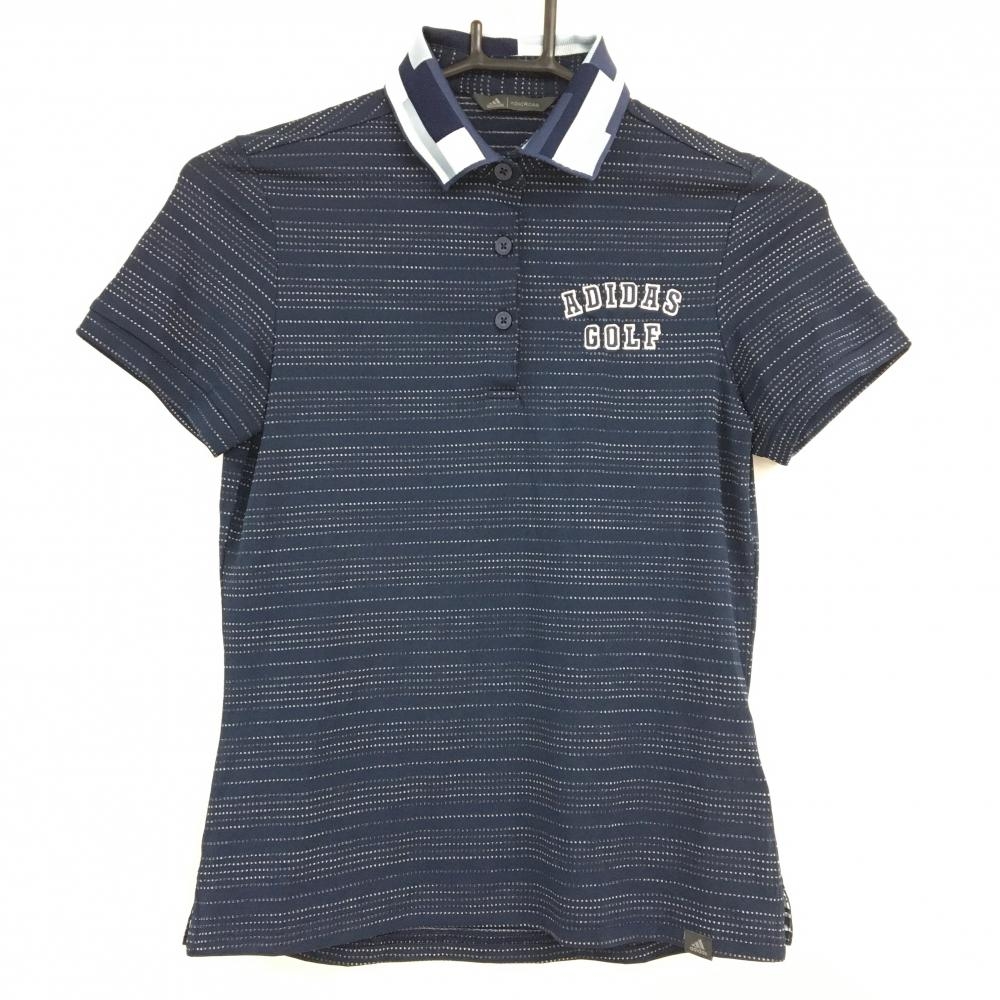 【超美品】アディダス 半袖ポロシャツ ネイビー×グレー ボーダー調 胸元ロゴ レディース S ゴルフウェア adidas