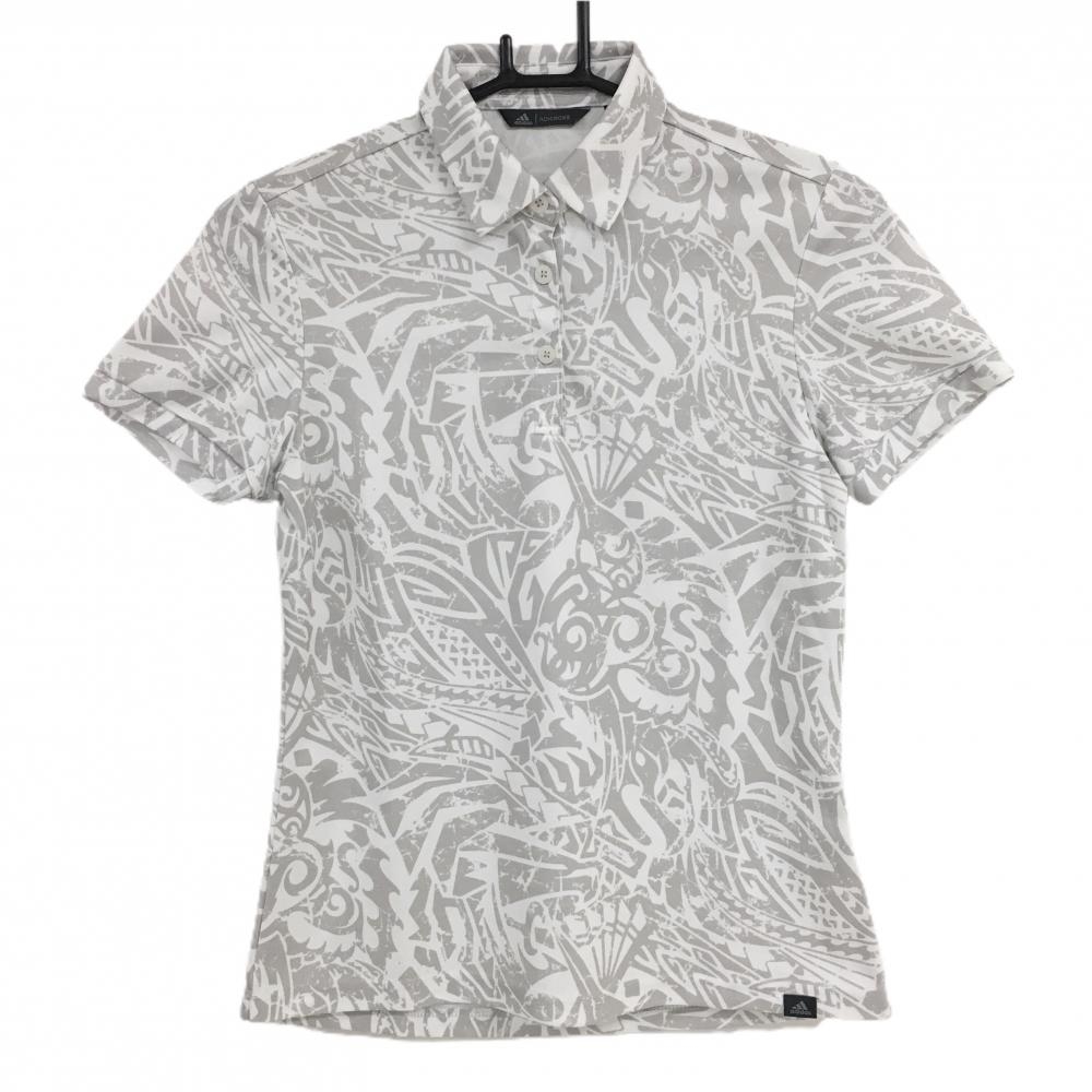 【美品】アディダス 半袖ポロシャツ 白×グレー 総柄 ADICROSS レディース M ゴルフウェア adidas