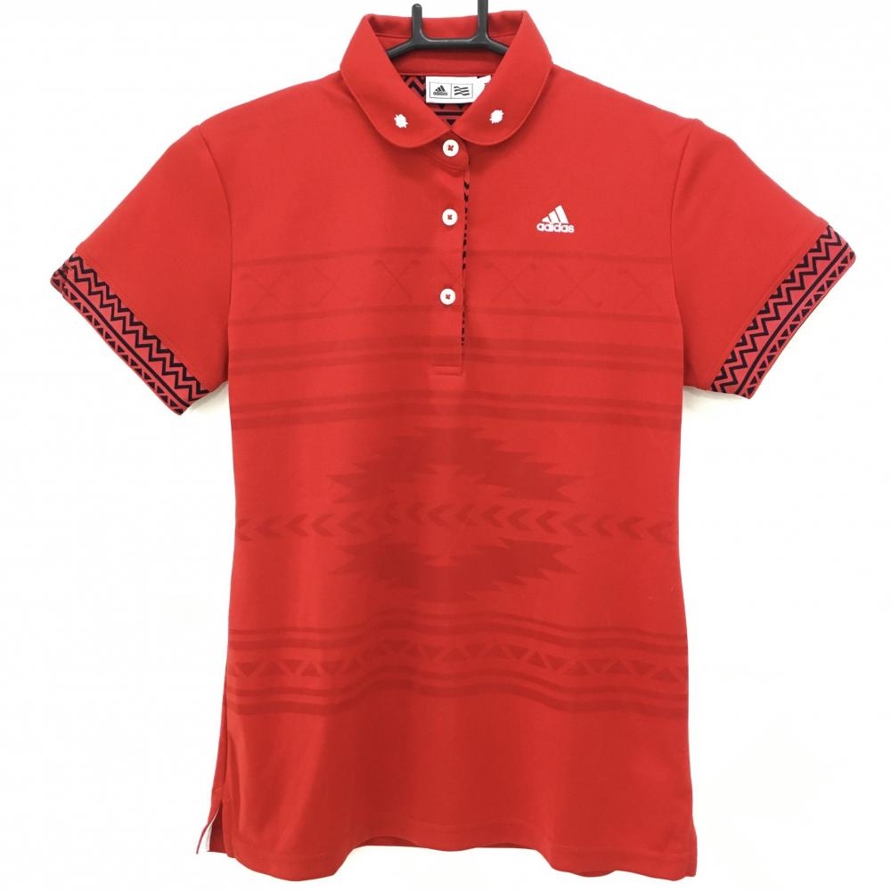 【超美品】アディダス 半袖ポロシャツ レッド×黒 総柄織生地  レディース M/M ゴルフウェア adidas