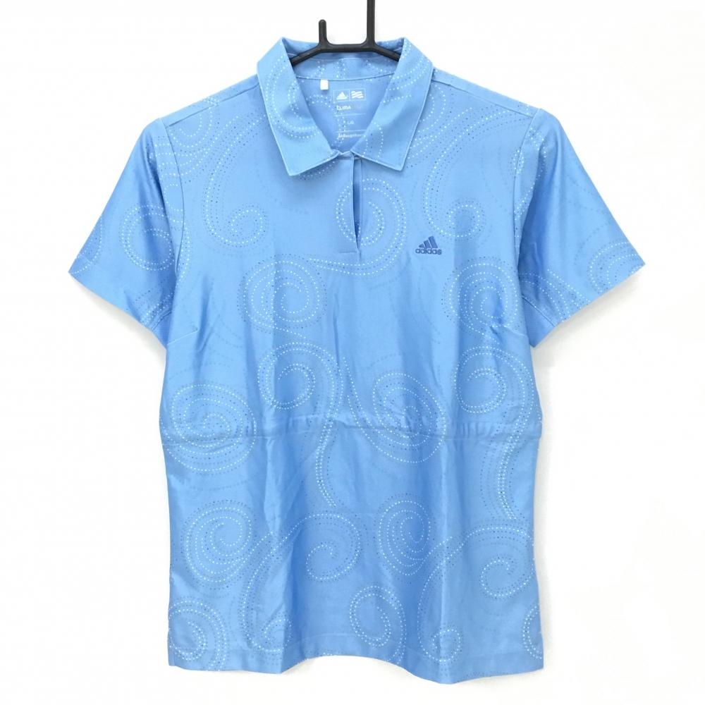 【美品】アディダス 半袖ポロシャツ ライトブルー 総柄 ウエスト調節紐付き  レディース L/G ゴルフウェア adidas