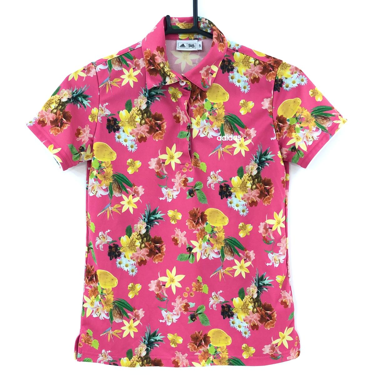 【超美品】アディダス 半袖ポロシャツ ピンク×マルチカラー 花柄 ロゴ刺しゅう レディース S/P ゴルフウェア adidas