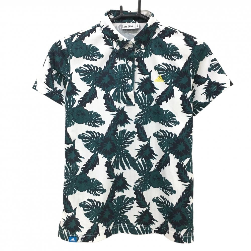 【超美品】アディダス 半袖ポロシャツ 白×ダークグリーン系 リーフ柄 花柄  レディース M/M ゴルフウェア adidas