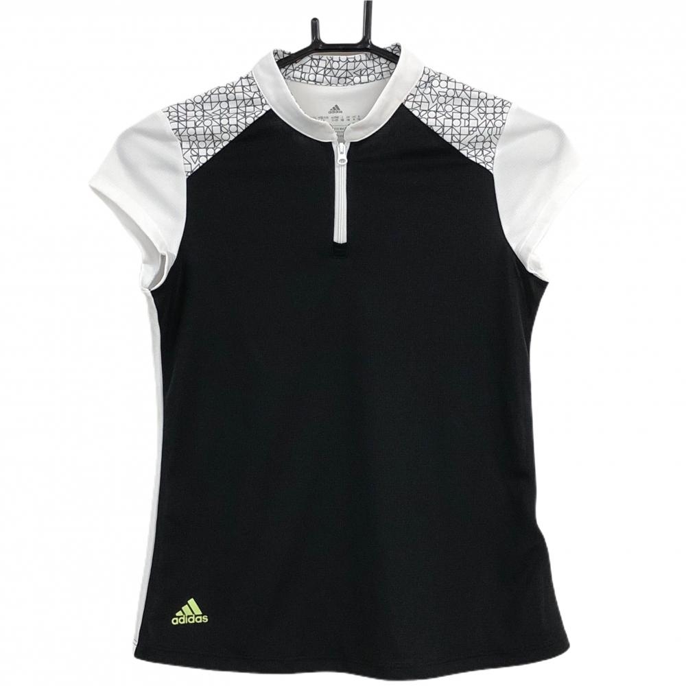 【美品】アディダス 半袖ポロシャツ 黒×白 スタンドカラー ハーフジップ  レディース 150 ゴルフウェア adidas