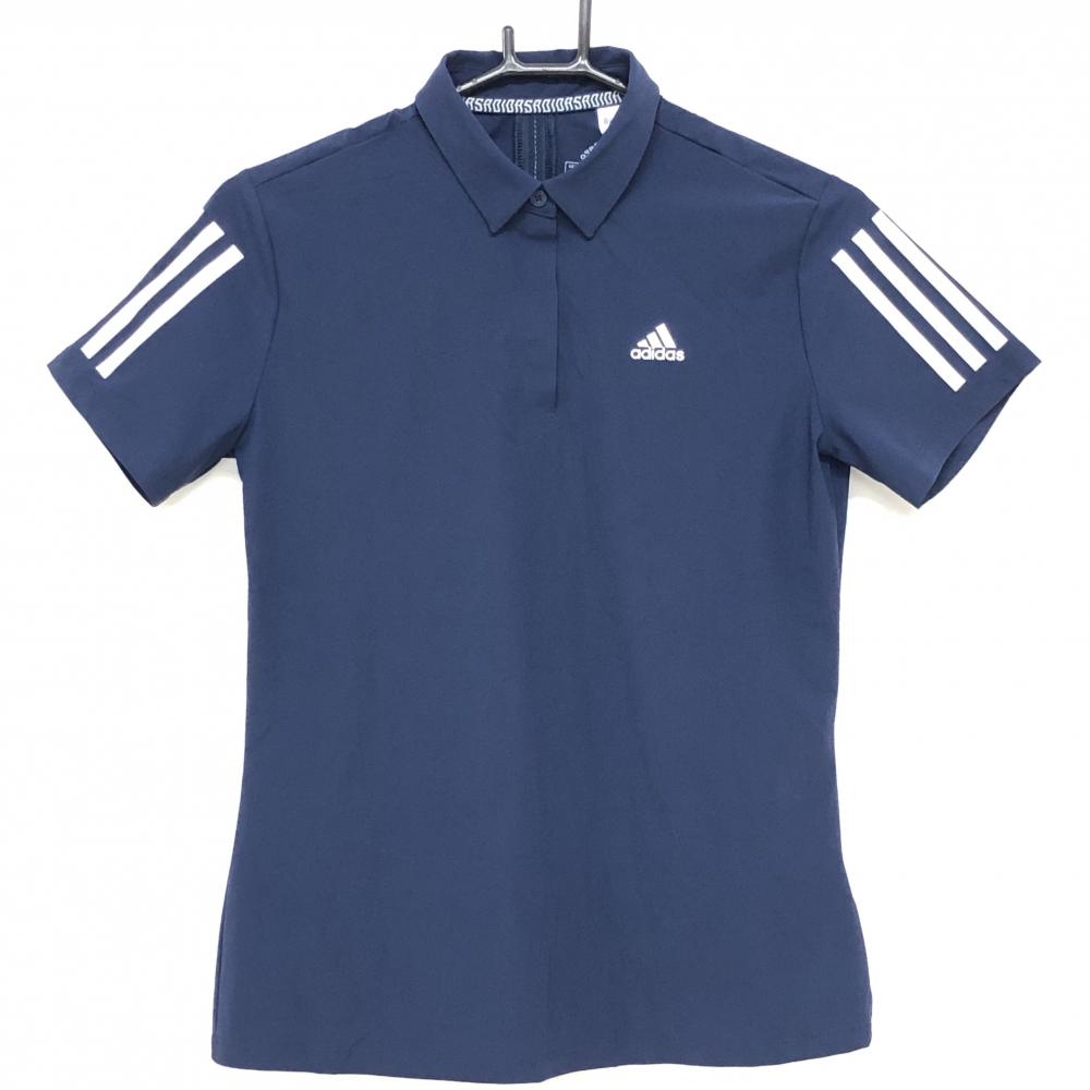 【美品】アディダス 半袖ポロシャツ ネイビー×ライトグレー 肩3ライン レディース L ゴルフウェア adidas