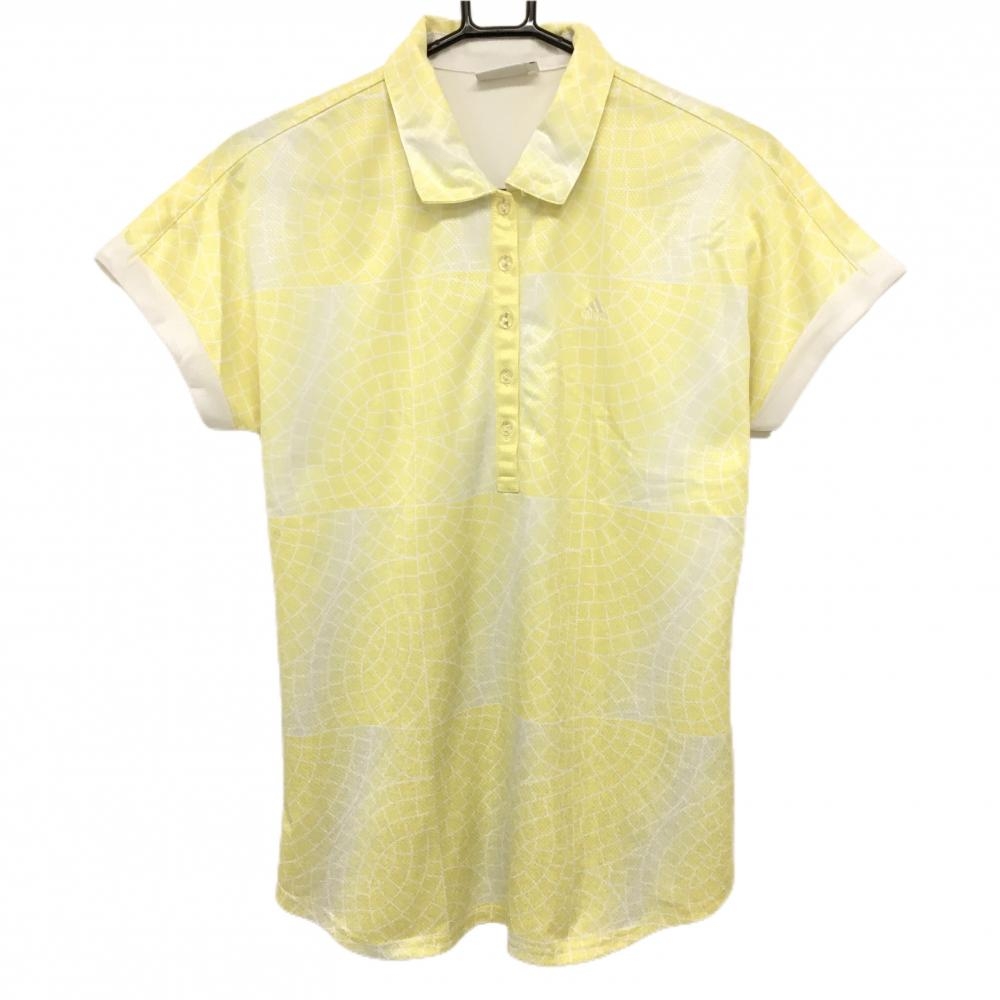 【美品】アディダス 半袖ポロシャツ イエロー×白 総柄 ロゴ刺しゅう レディース OT/XG ゴルフウェア adidas