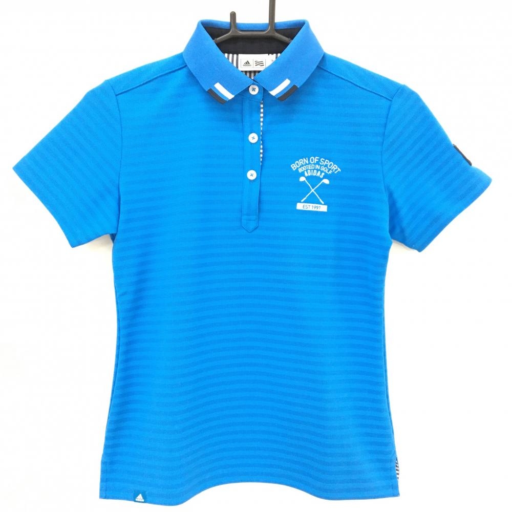 【超美品】アディダス 半袖ポロシャツ ブルー ボーダー地模様 胸元刺しゅう レディース S/P ゴルフウェア adidas